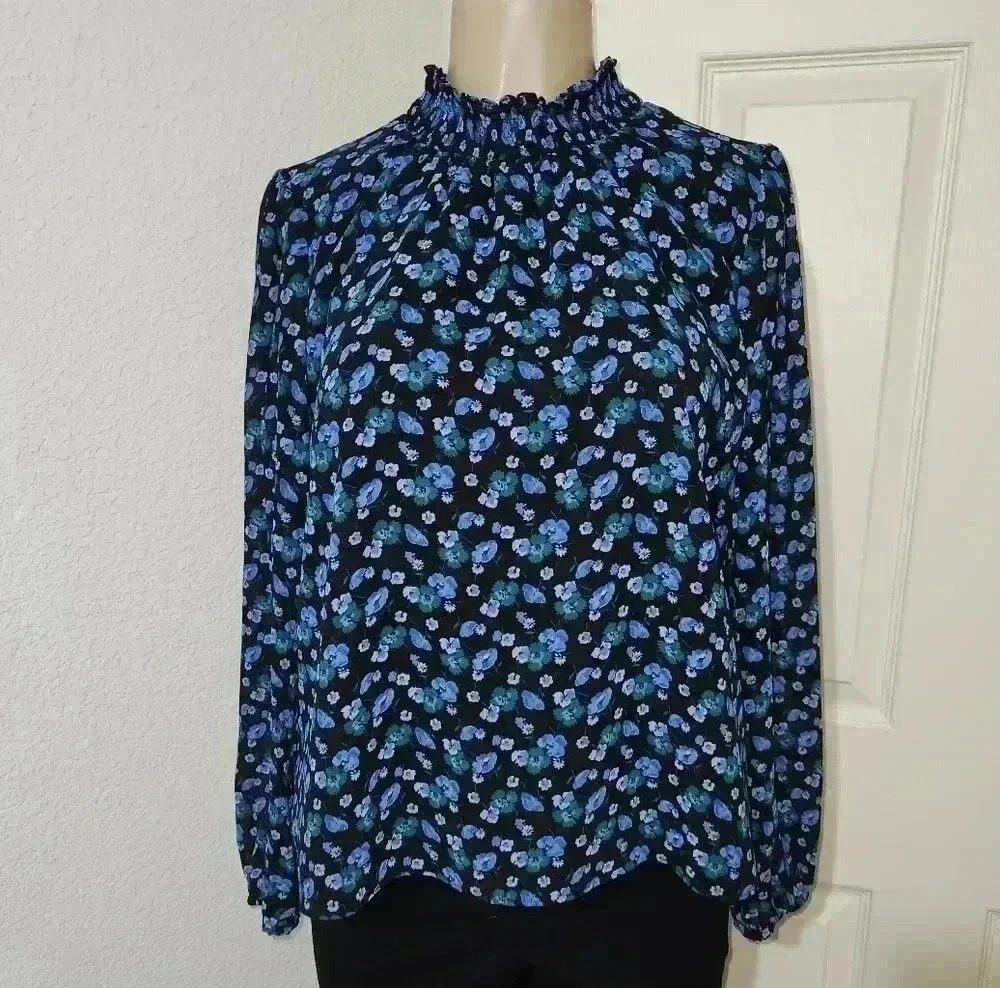 J Crew‎ Mockneck Floral Long Sleeve Blouse Sheer Flowy Size Medium - Picture 2 of 7